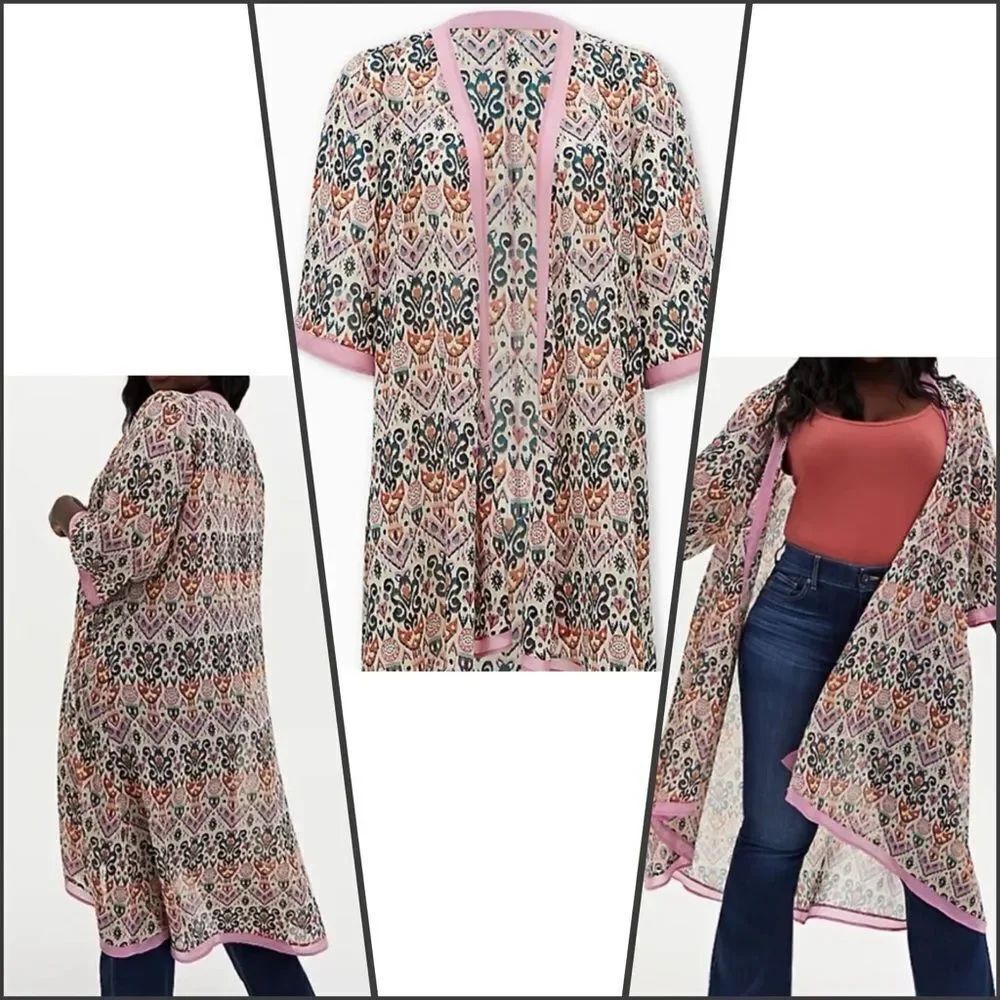 Torrid Medallion Chiffon Hi-Lo Kimono Duster Light Pink Cream Tan Black Sz 0 = L
